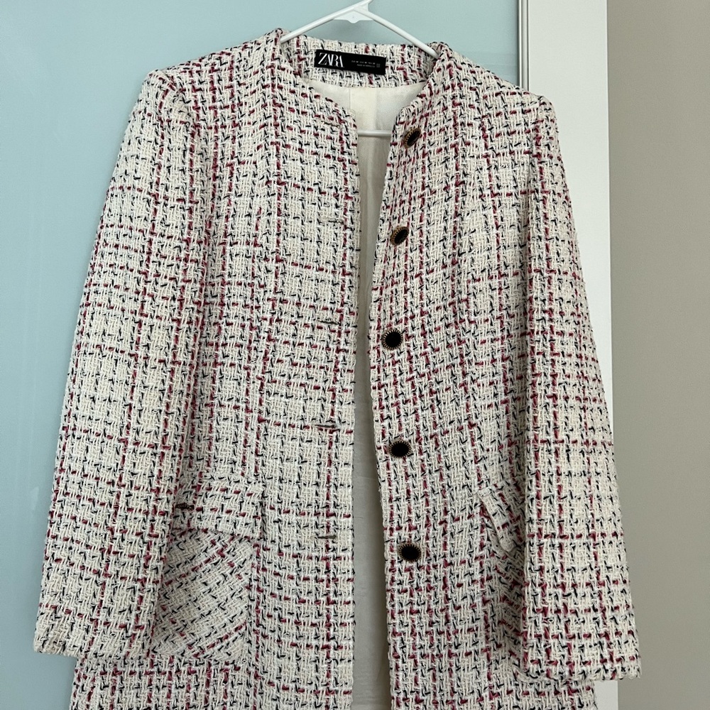 Zara Women's Tweed Jacket - White and Red